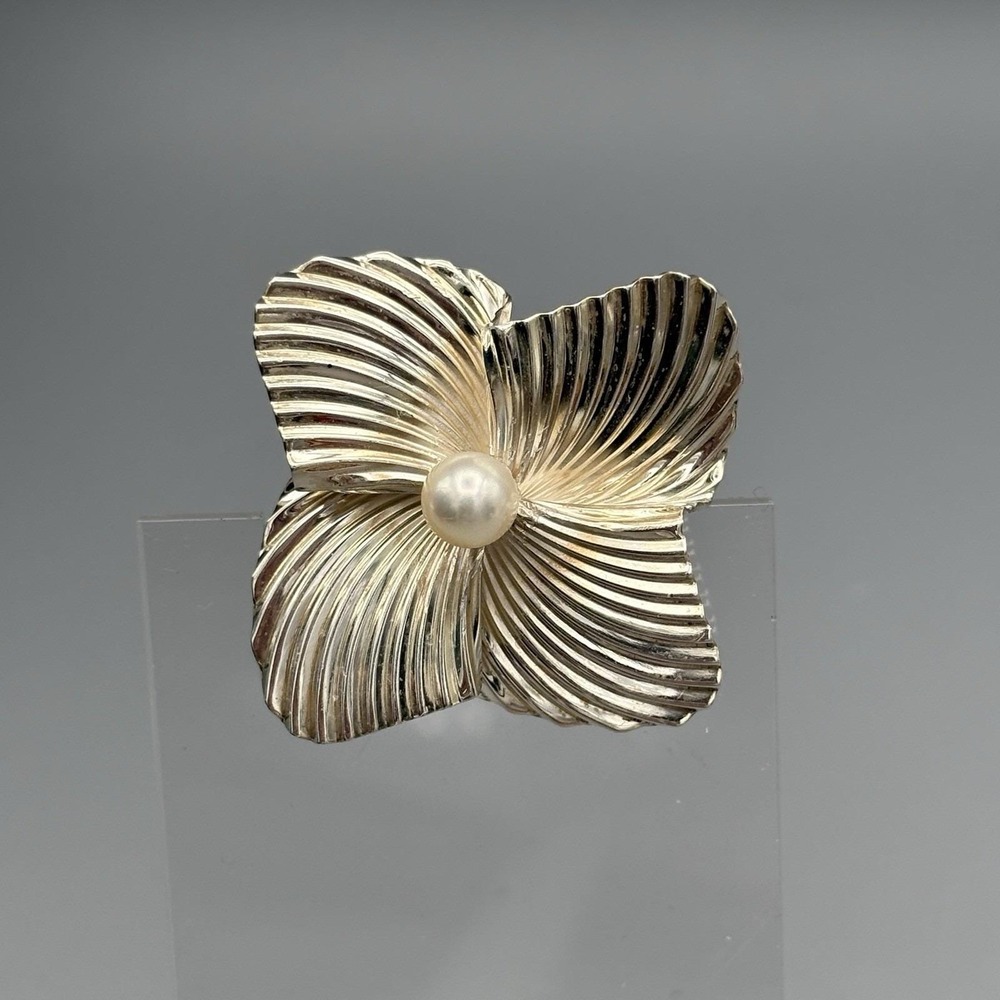 Vintage Sterling Silver 925 Brooch Pin with Cultured Pearl Flower Fluted MCM